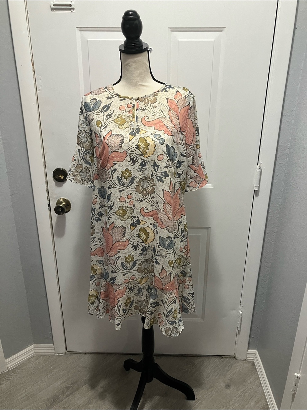 LOFT Floral Swing Dress in Cream, Coral and Blue